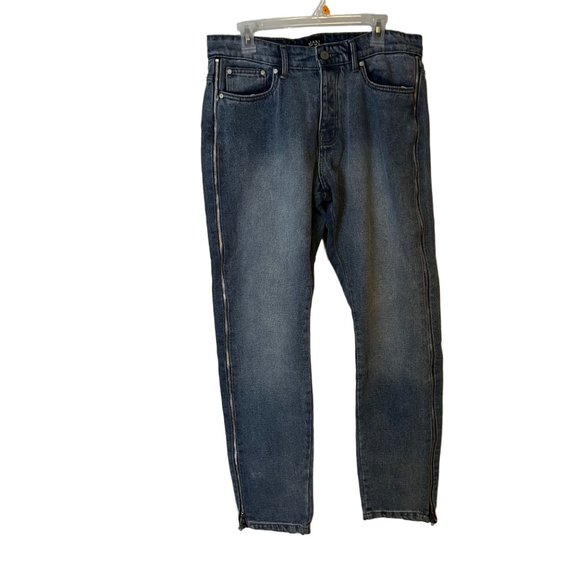BoohooMAN Blue Jeans Straight Full Zip Up Leg Moto Relaxed Mens Size 34 - Picture 1 of 12